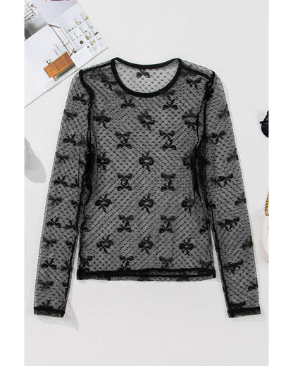 Black Bow Pattern Accent Mesh Long Sleeve Top - M