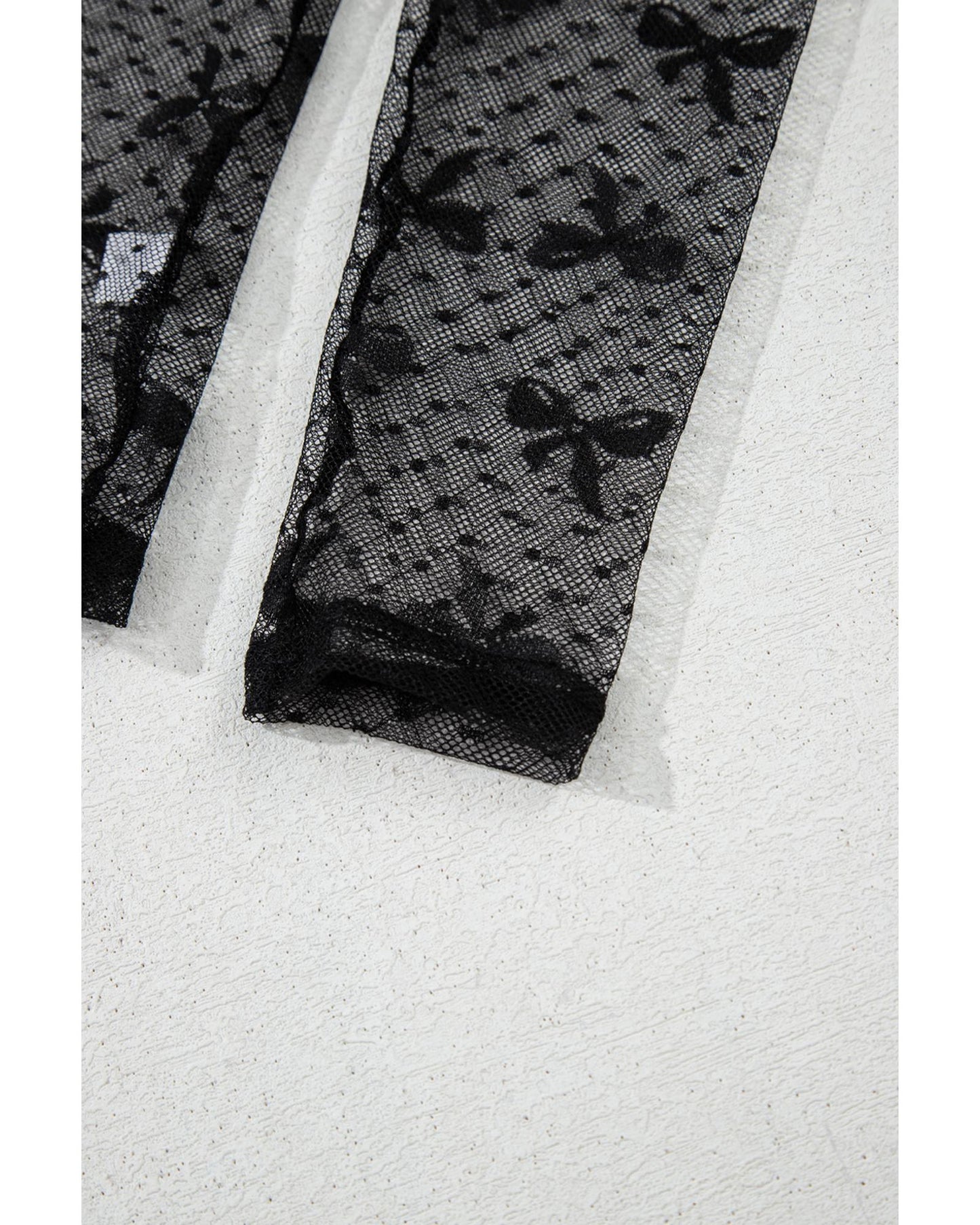 Black Bow Pattern Accent Mesh Long Sleeve Top - M