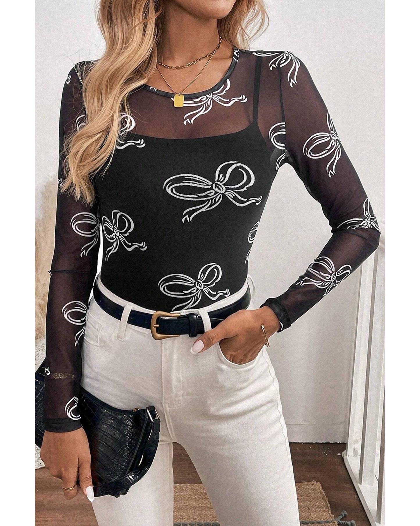 Black Round Neck Bow Print Long Sleeve Mesh Top - L