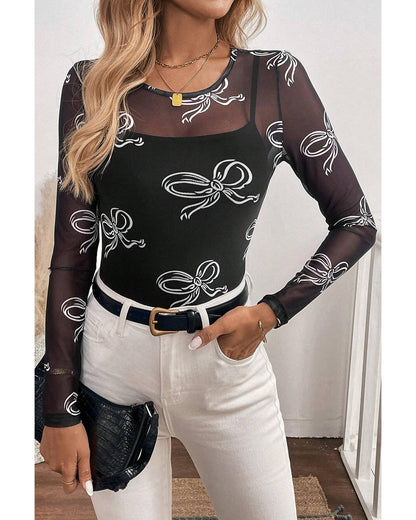 Black Round Neck Bow Print Long Sleeve Mesh Top - L