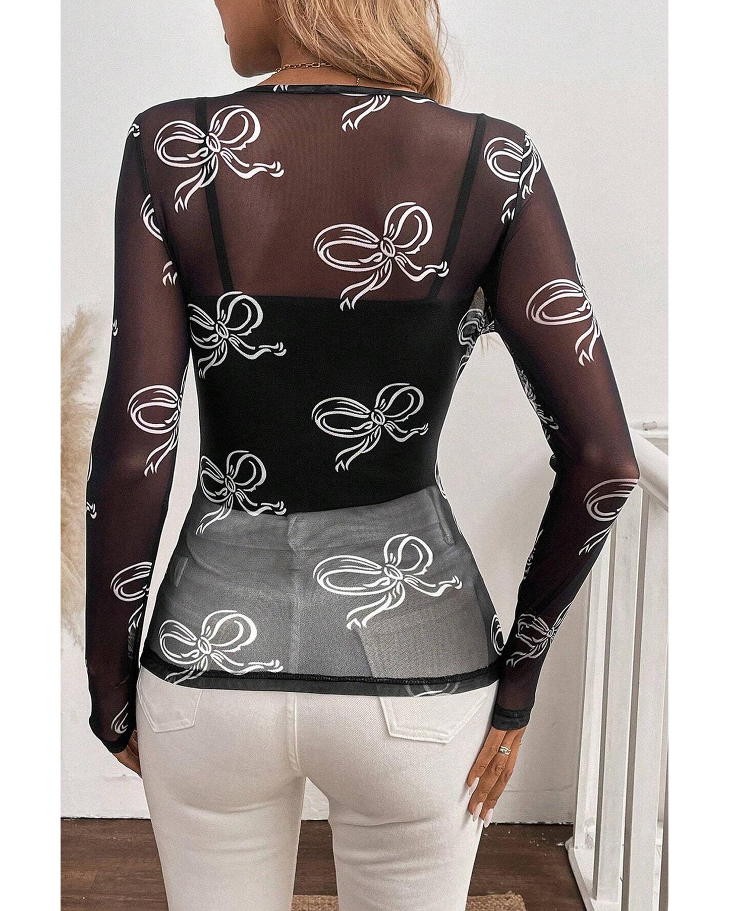 Black Round Neck Bow Print Long Sleeve Mesh Top - L