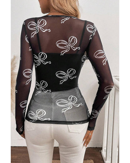 Black Round Neck Bow Print Long Sleeve Mesh Top - L