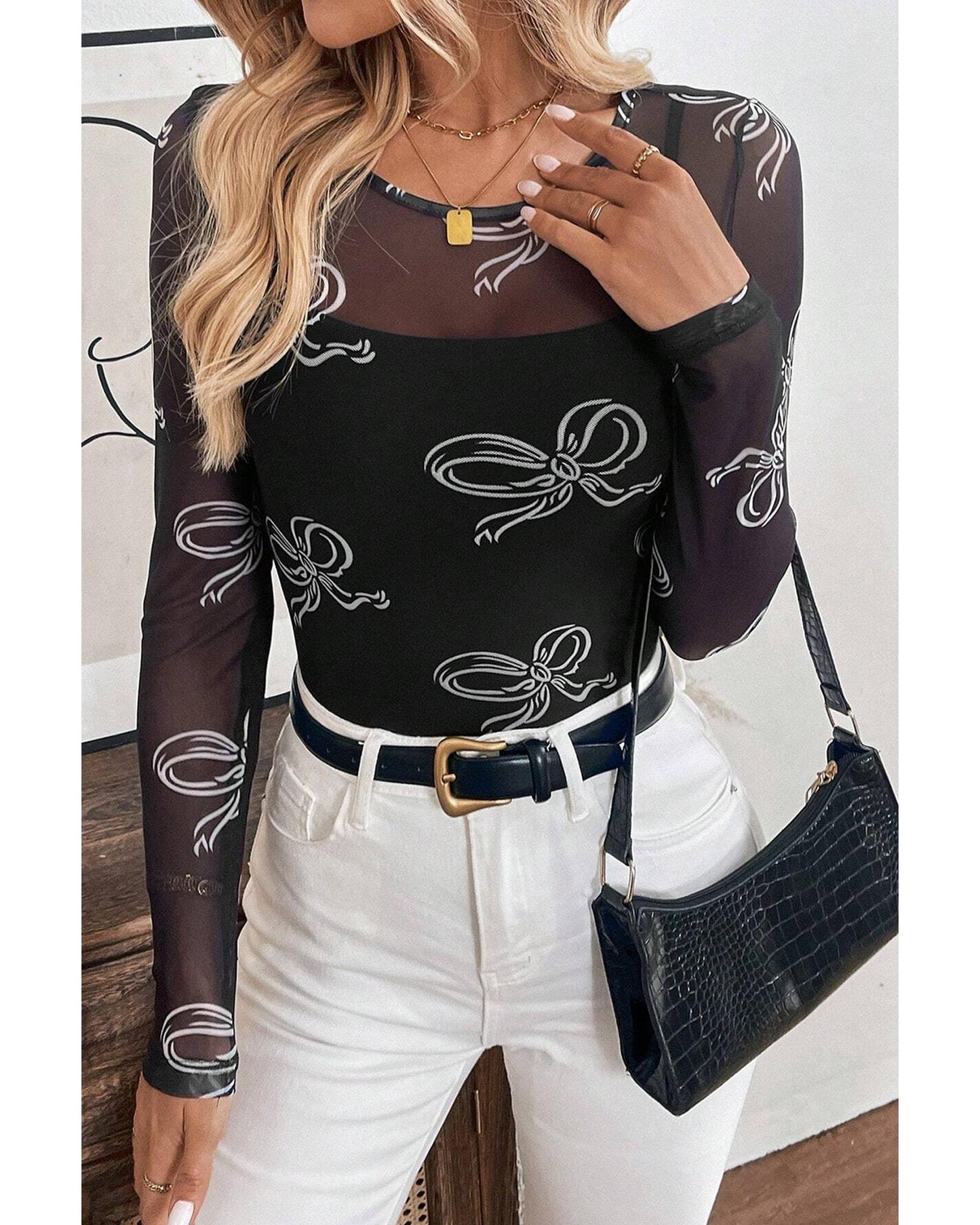 Black Round Neck Bow Print Long Sleeve Mesh Top - L