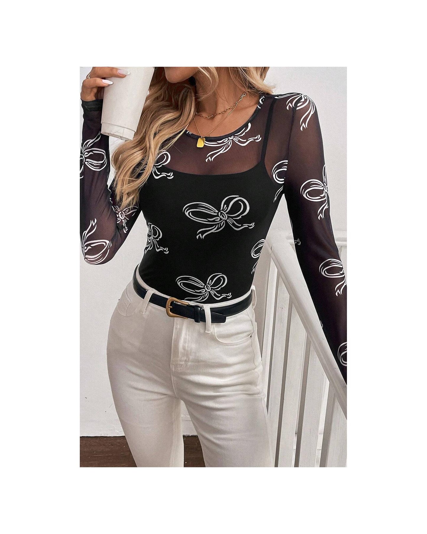 Black Round Neck Bow Print Long Sleeve Mesh Top - L