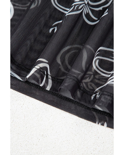 Black Round Neck Bow Print Long Sleeve Mesh Top - L