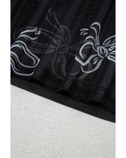 Black Round Neck Bow Print Long Sleeve Mesh Top - L