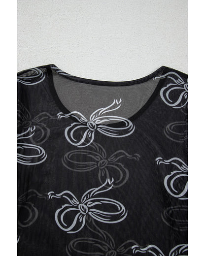 Black Round Neck Bow Print Long Sleeve Mesh Top - L