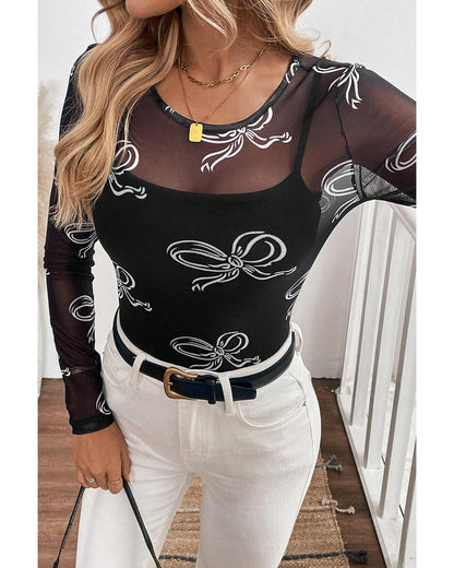 Black Round Neck Bow Print Long Sleeve Mesh Top - L