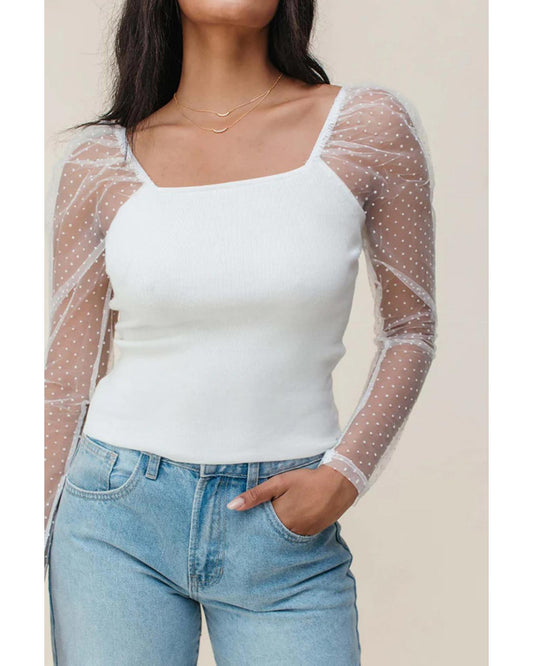 White Swiss Dot Mesh Long Sleeve Square Neck Slim Top - S