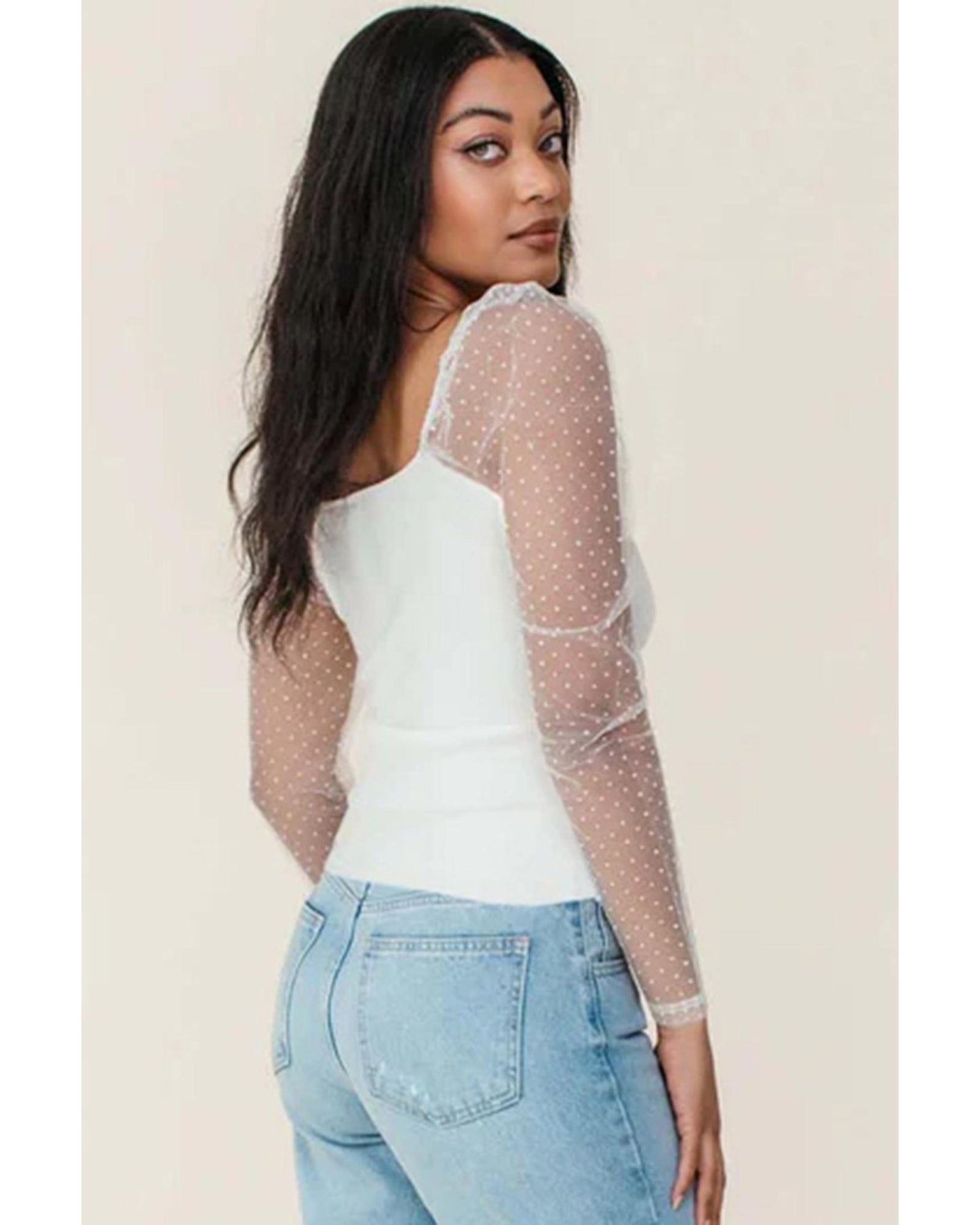 White Swiss Dot Mesh Long Sleeve Square Neck Slim Top - S