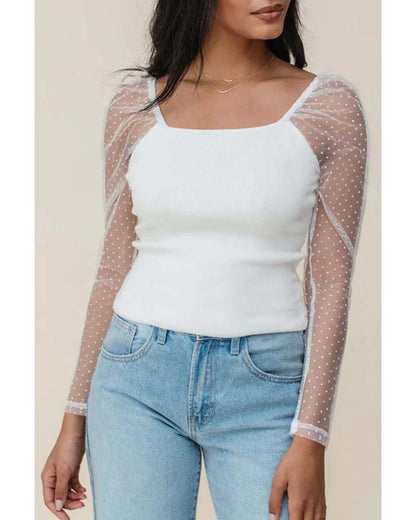 White Swiss Dot Mesh Long Sleeve Square Neck Slim Top - S