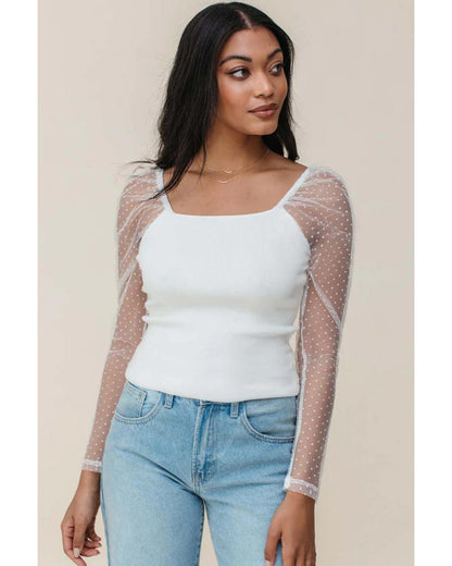 White Swiss Dot Mesh Long Sleeve Square Neck Slim Top - S