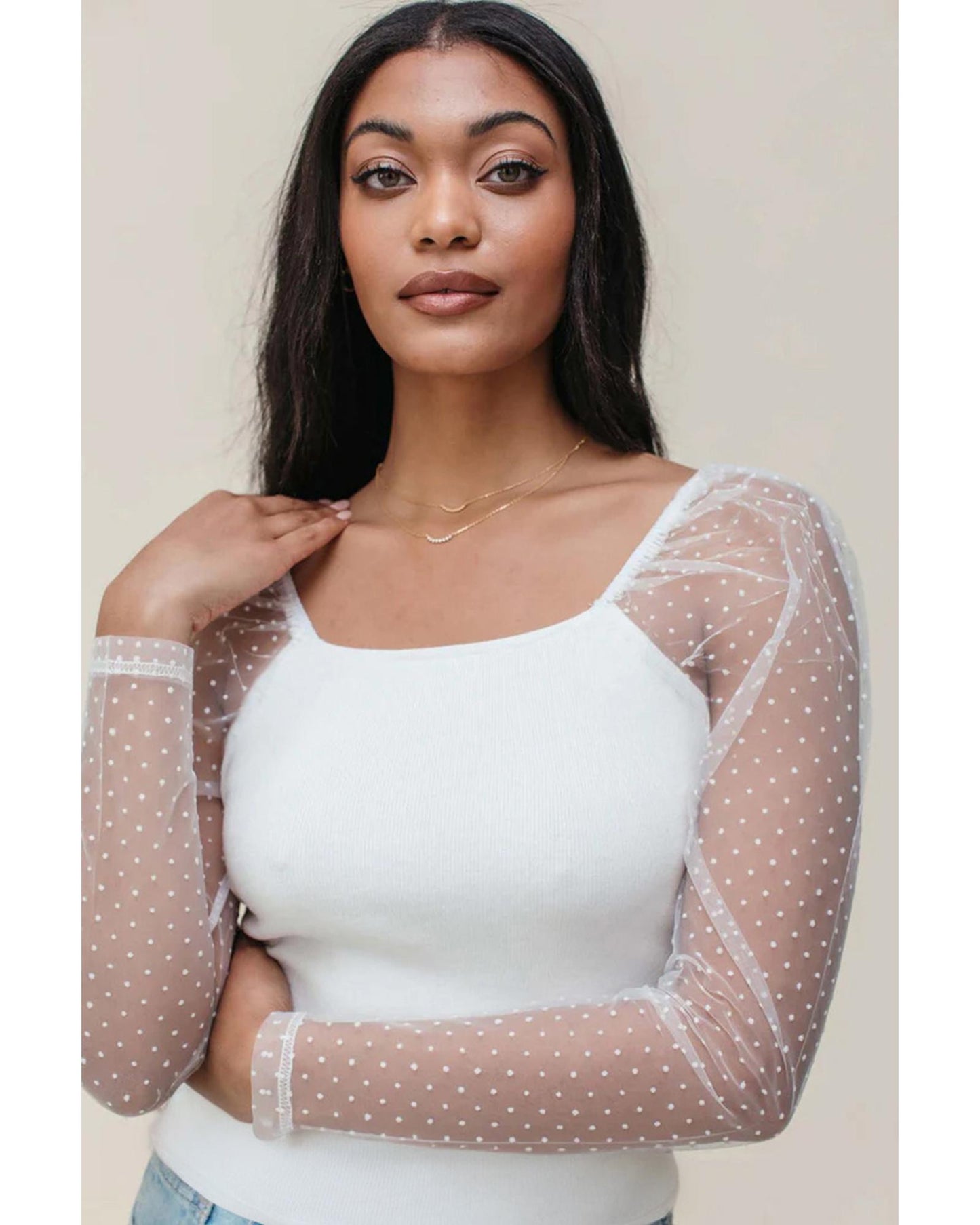 White Swiss Dot Mesh Long Sleeve Square Neck Slim Top - S