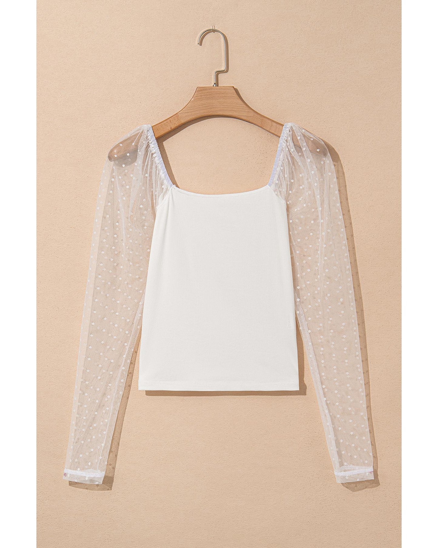 White Swiss Dot Mesh Long Sleeve Square Neck Slim Top - S