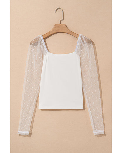 White Swiss Dot Mesh Long Sleeve Square Neck Slim Top - S