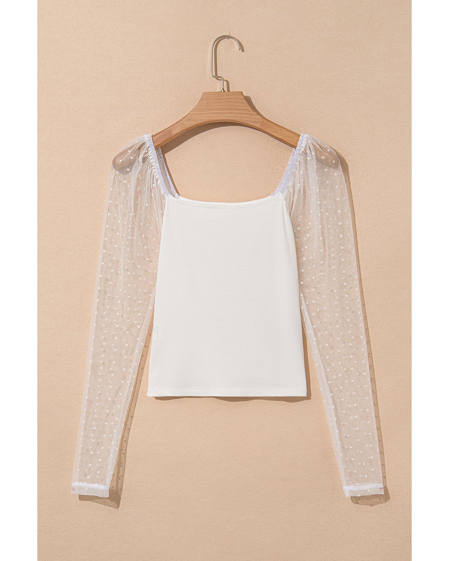 White Swiss Dot Mesh Long Sleeve Square Neck Slim Top - S