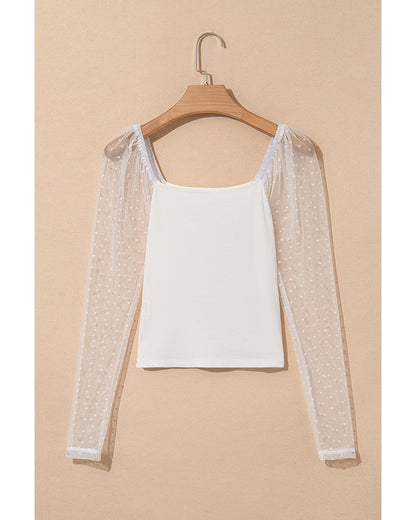 White Swiss Dot Mesh Long Sleeve Square Neck Slim Top - S