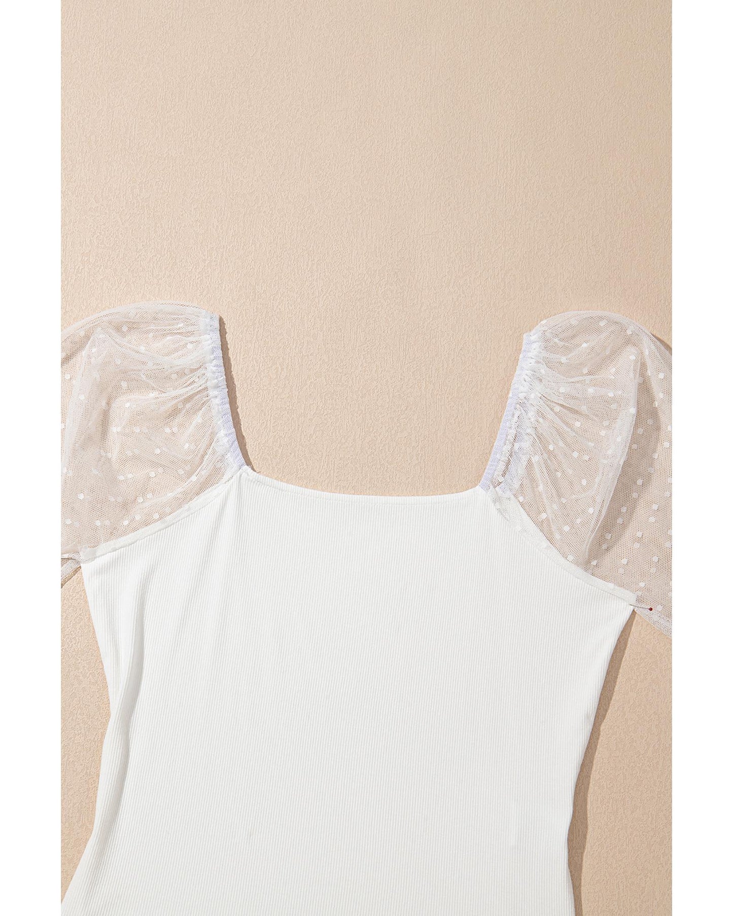 White Swiss Dot Mesh Long Sleeve Square Neck Slim Top - S