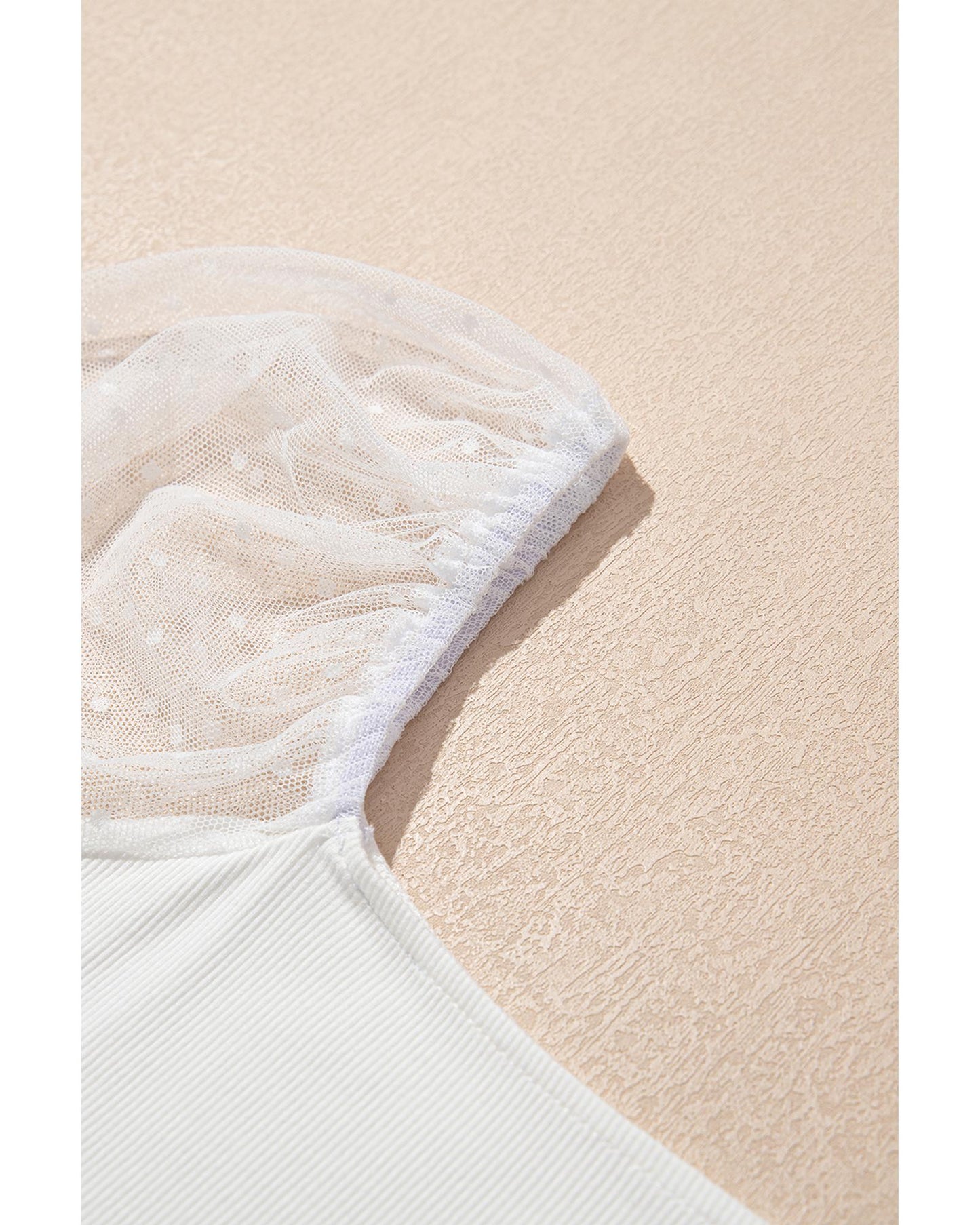 White Swiss Dot Mesh Long Sleeve Square Neck Slim Top - S