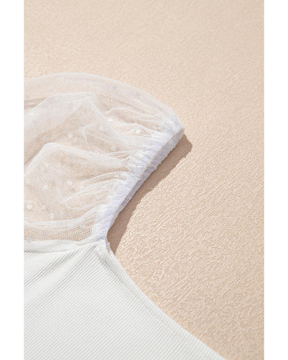 White Swiss Dot Mesh Long Sleeve Square Neck Slim Top - S