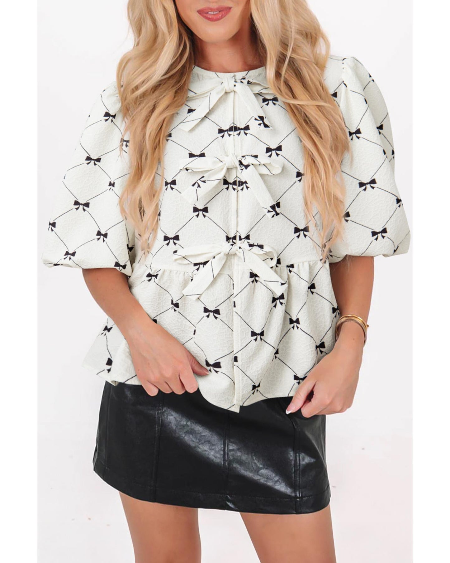White Bowknot Print Front Knots Bubble Sleeve Blouse - S