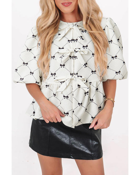 White Bowknot Print Front Knots Bubble Sleeve Blouse - S