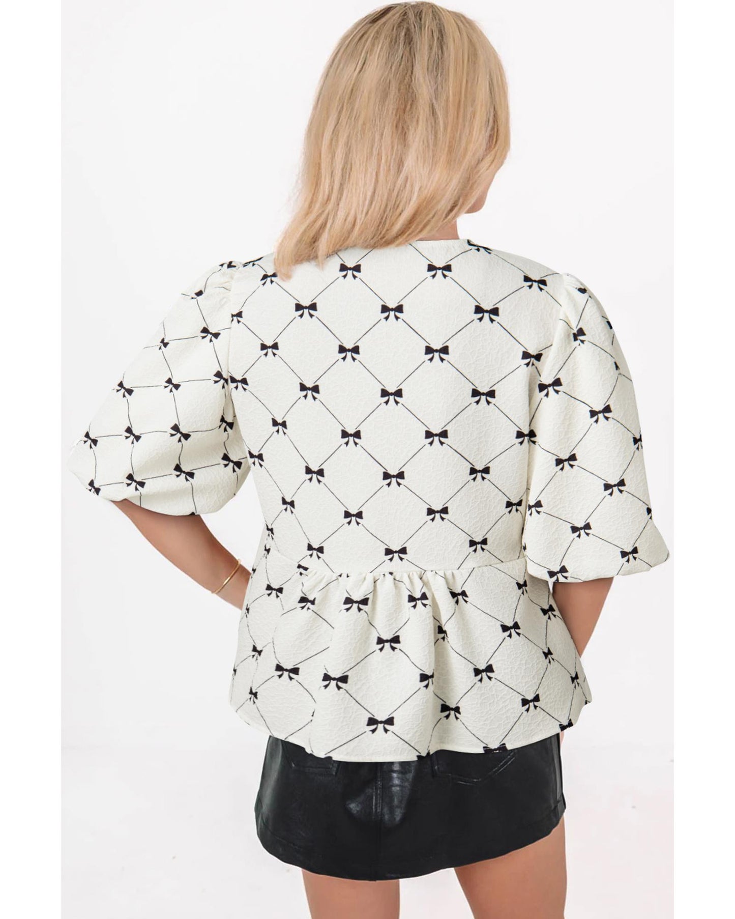White Bowknot Print Front Knots Bubble Sleeve Blouse - S