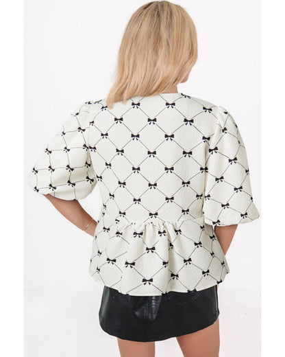 White Bowknot Print Front Knots Bubble Sleeve Blouse - S