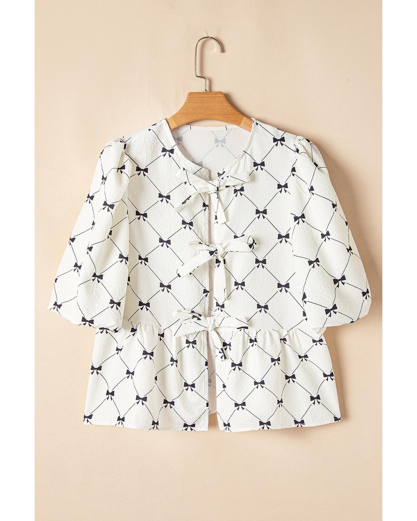 White Bowknot Print Front Knots Bubble Sleeve Blouse - S