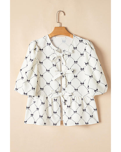 White Bowknot Print Front Knots Bubble Sleeve Blouse - S