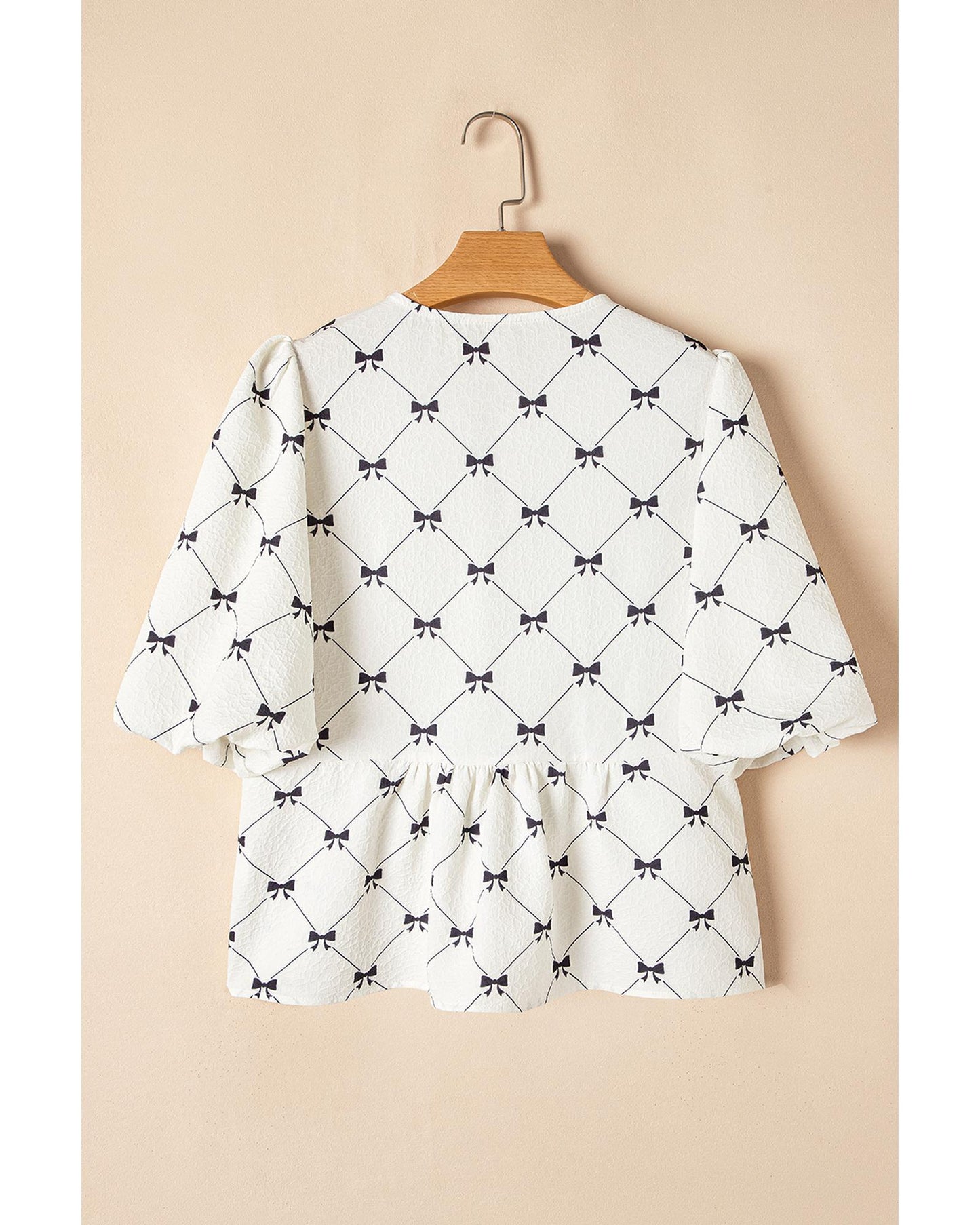 White Bowknot Print Front Knots Bubble Sleeve Blouse - S