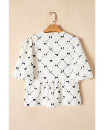 White Bowknot Print Front Knots Bubble Sleeve Blouse - S
