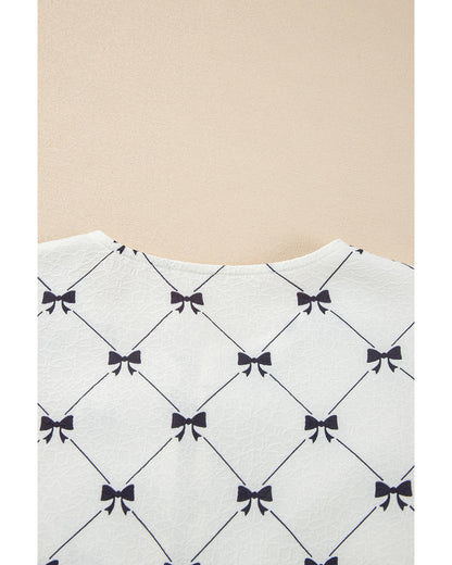 White Bowknot Print Front Knots Bubble Sleeve Blouse - S