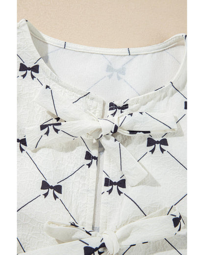 White Bowknot Print Front Knots Bubble Sleeve Blouse - S