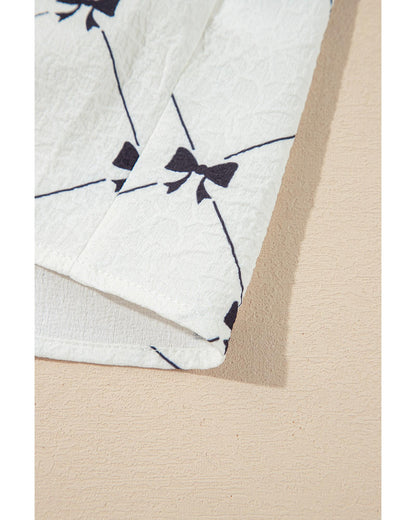 White Bowknot Print Front Knots Bubble Sleeve Blouse - S