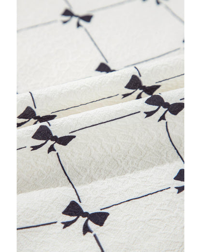 White Bowknot Print Front Knots Bubble Sleeve Blouse - S