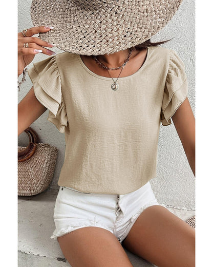 Beige Solid Color Ruffled Short Sleeve Casual Blouse - M