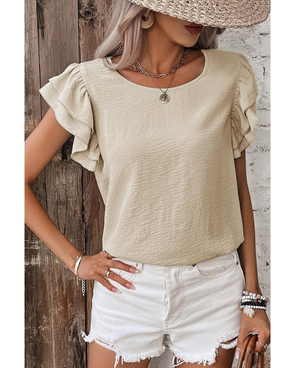 Beige Solid Color Ruffled Short Sleeve Casual Blouse - M
