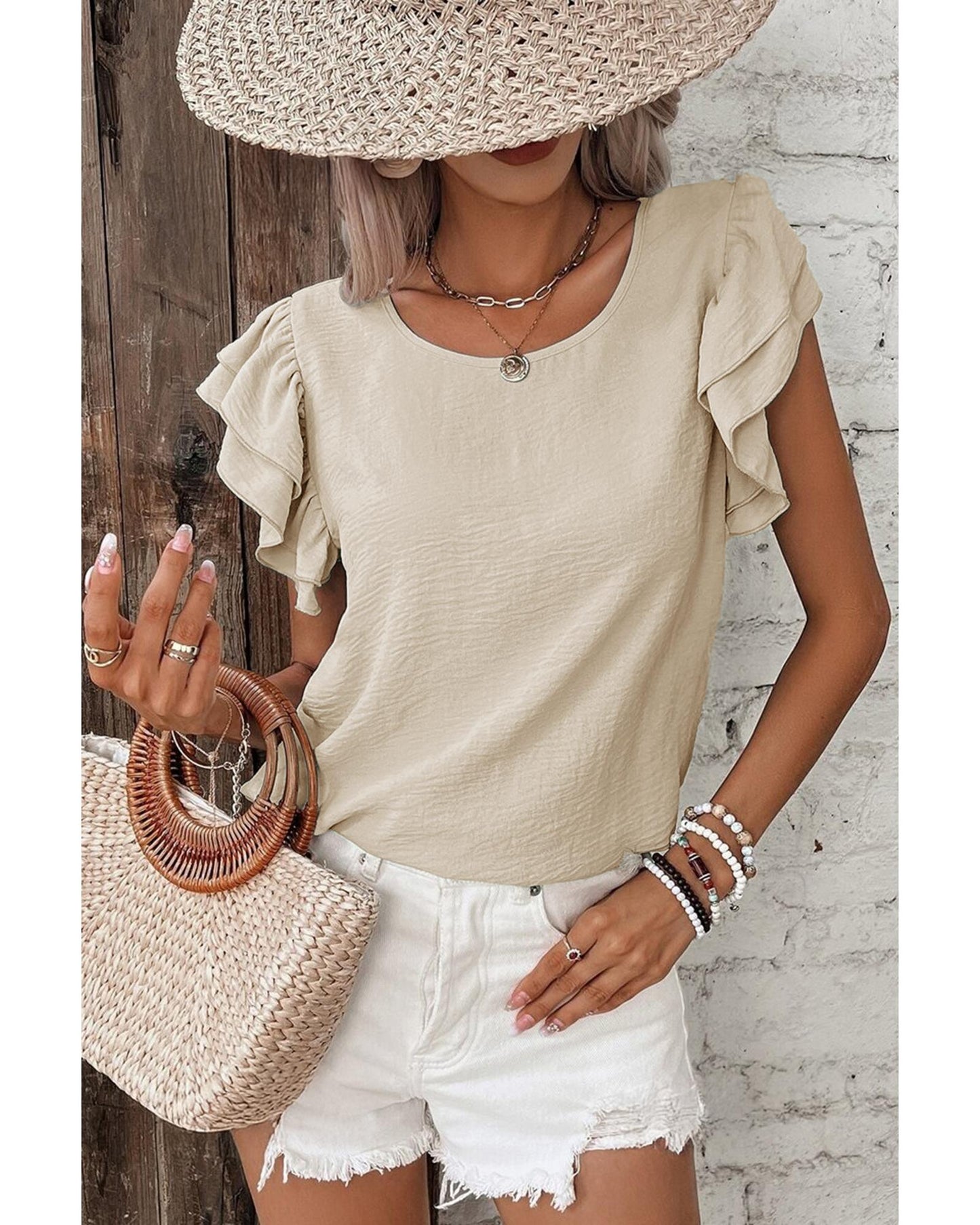 Beige Solid Color Ruffled Short Sleeve Casual Blouse - M
