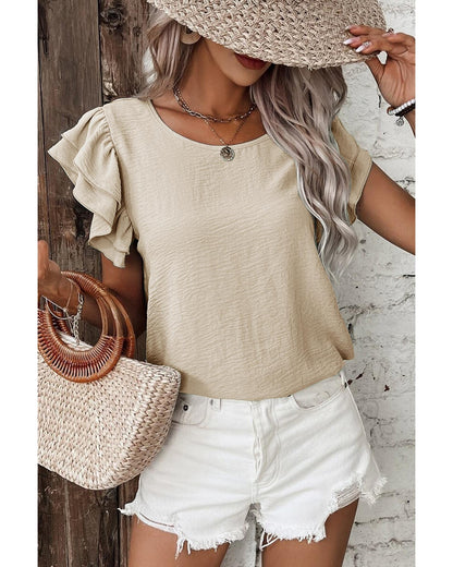 Beige Solid Color Ruffled Short Sleeve Casual Blouse - M