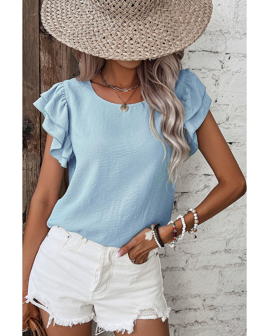 Mist Blue Solid Color Ruffled Short Sleeve Casual Blouse - S