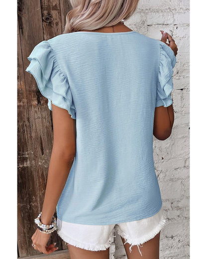 Mist Blue Solid Color Ruffled Short Sleeve Casual Blouse - S