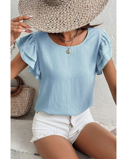 Mist Blue Solid Color Ruffled Short Sleeve Casual Blouse - S