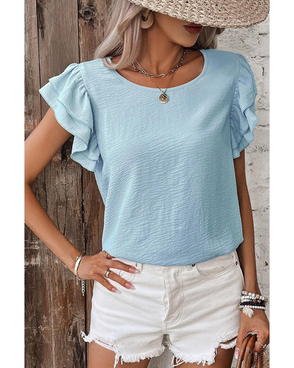 Mist Blue Solid Color Ruffled Short Sleeve Casual Blouse - S