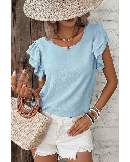 Mist Blue Solid Color Ruffled Short Sleeve Casual Blouse - S