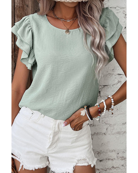 Clearly Aqua Solid Color Ruffled Short Sleeve Casual Blouse - S