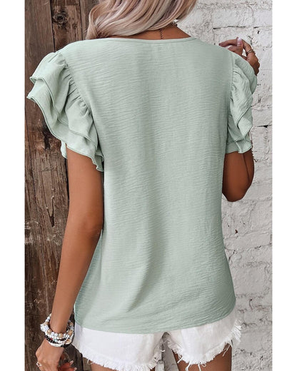 Clearly Aqua Solid Color Ruffled Short Sleeve Casual Blouse - S