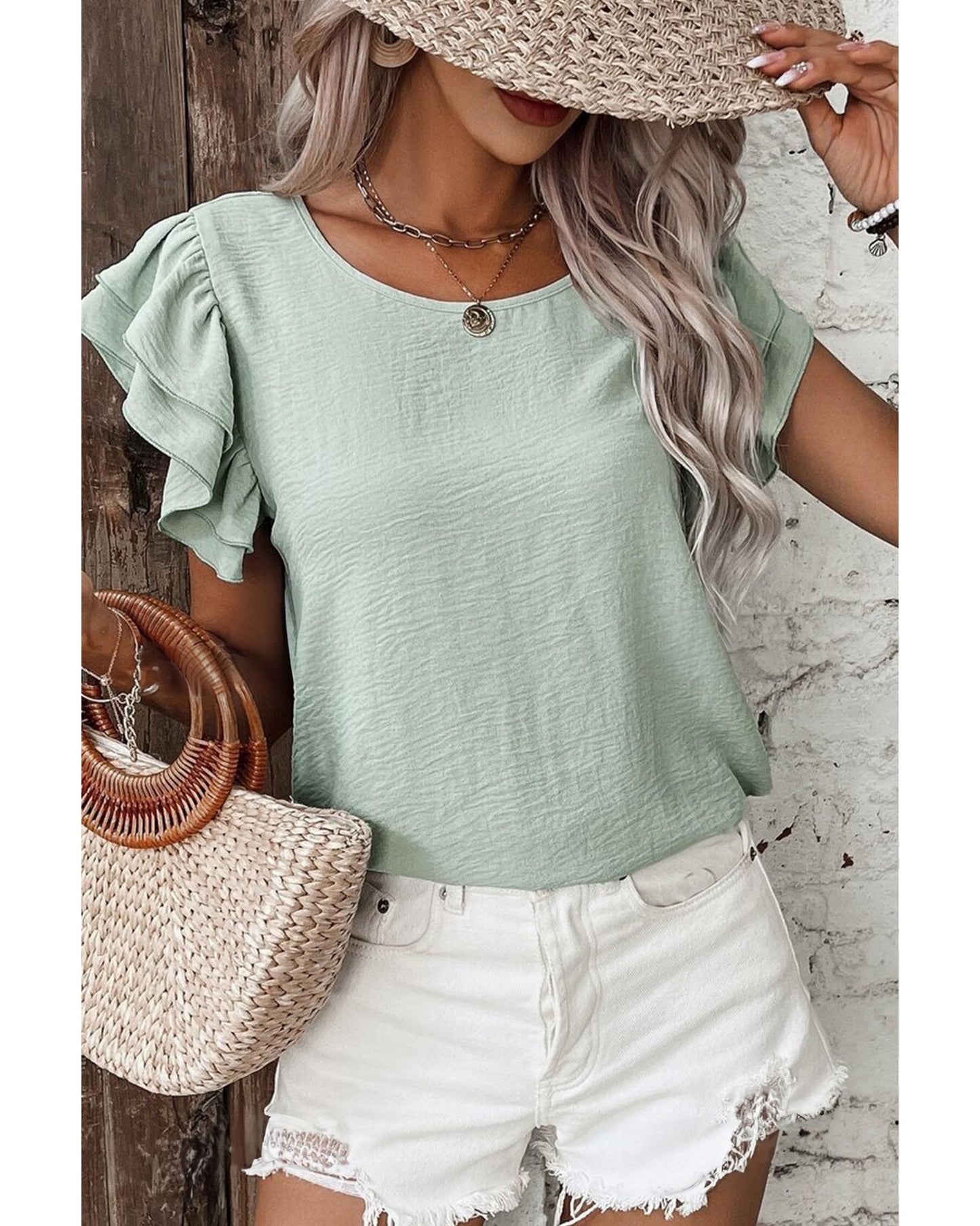 Clearly Aqua Solid Color Ruffled Short Sleeve Casual Blouse - S