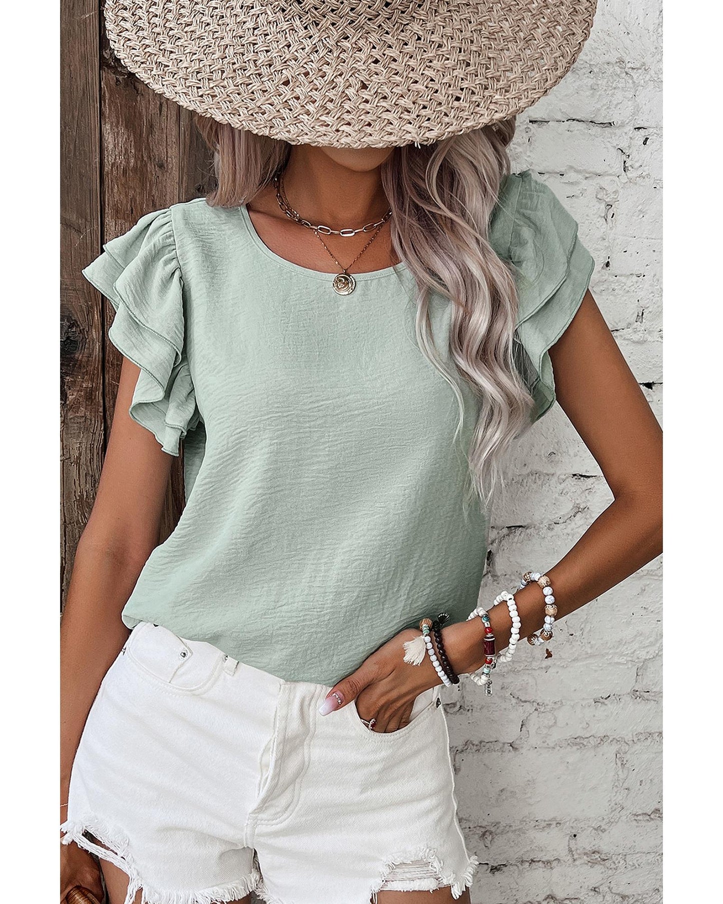 Clearly Aqua Solid Color Ruffled Short Sleeve Casual Blouse - S