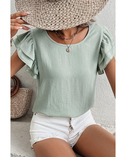 Clearly Aqua Solid Color Ruffled Short Sleeve Casual Blouse - S